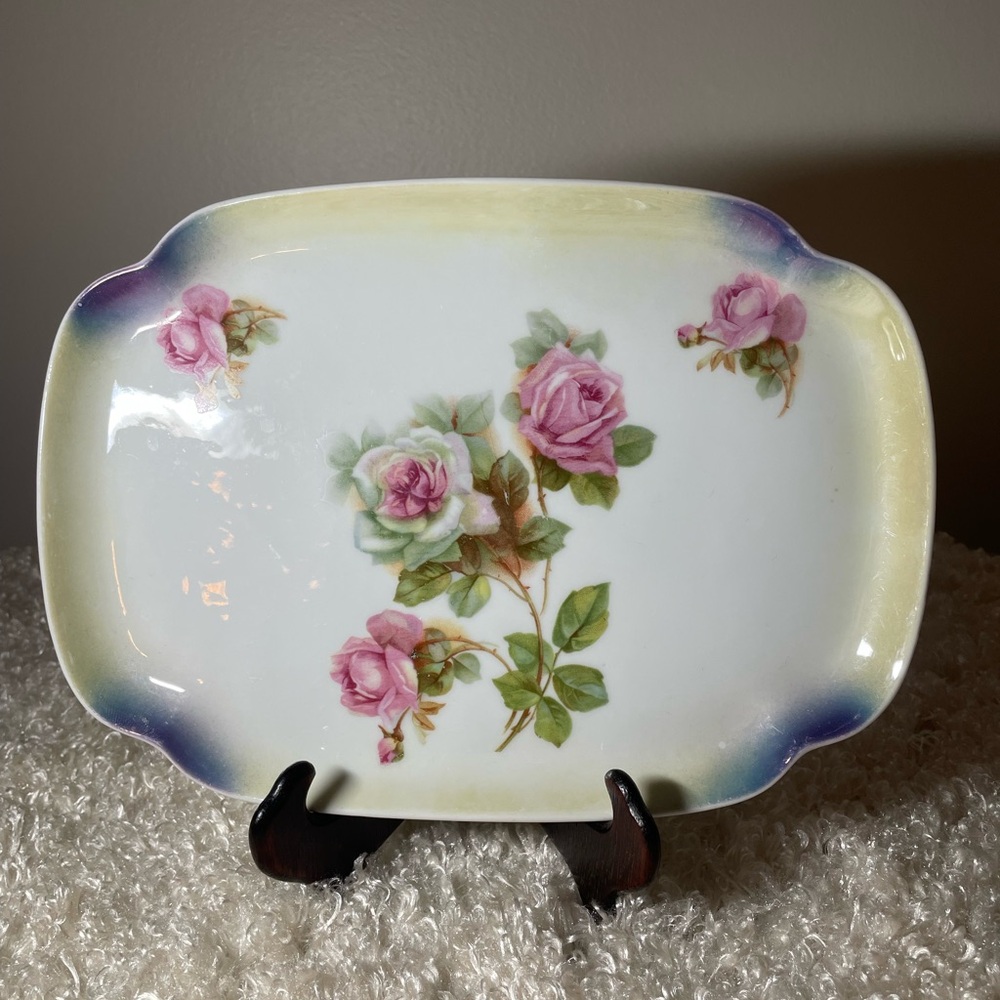 P K Silesia Pink Roses 10 Inch Dressing Table Tray Transferware Made in Germany